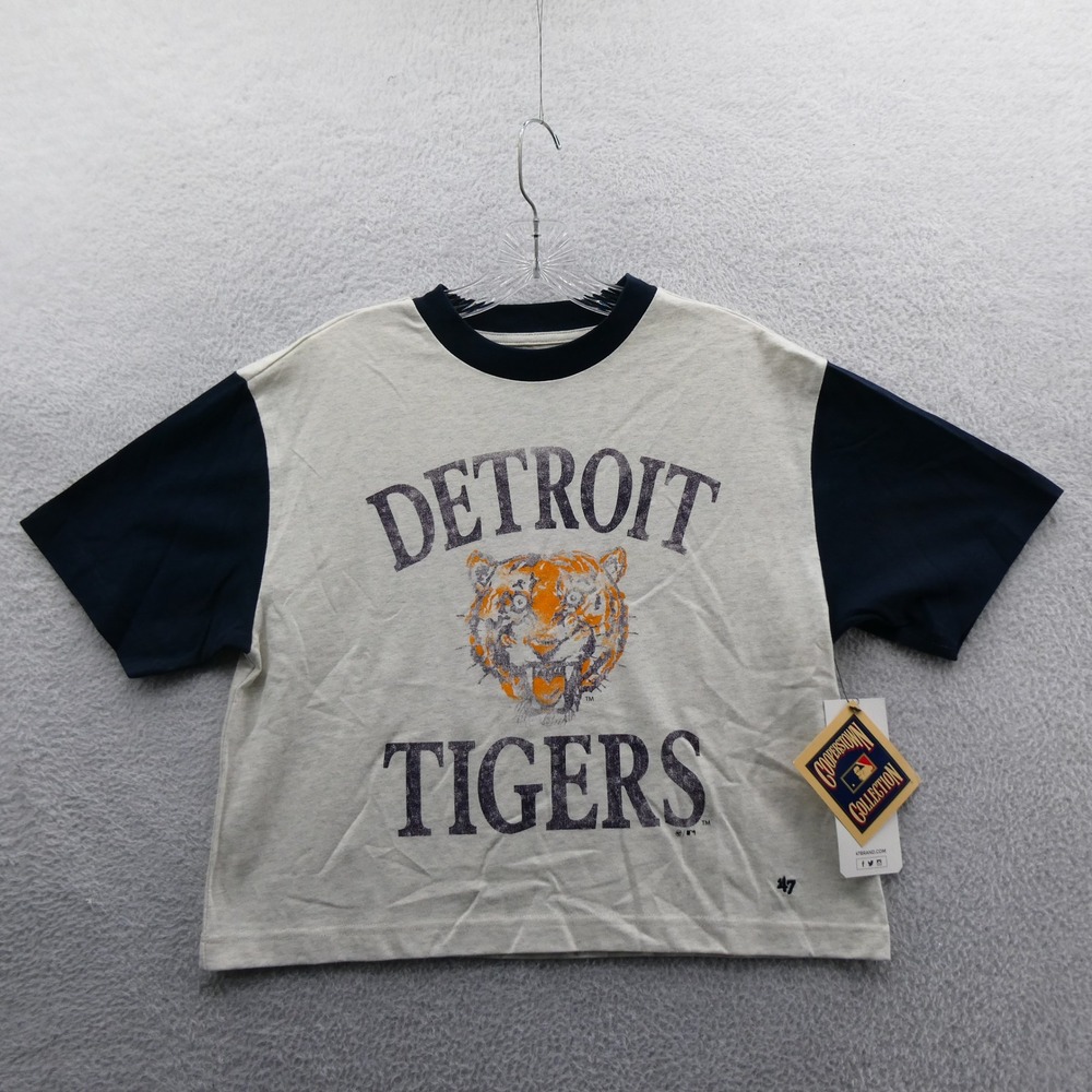 '47 Brand Shirt Women Small Detroit Tigers Cream Navy Blue Short Sleeve Cotton